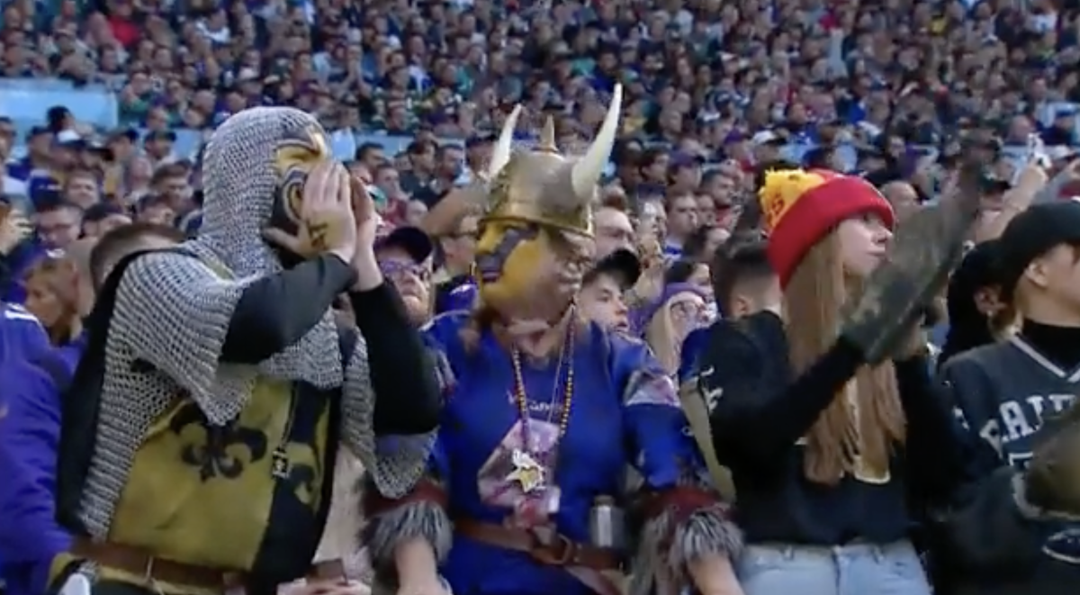 Vikings fan goes viral in the stands in London.