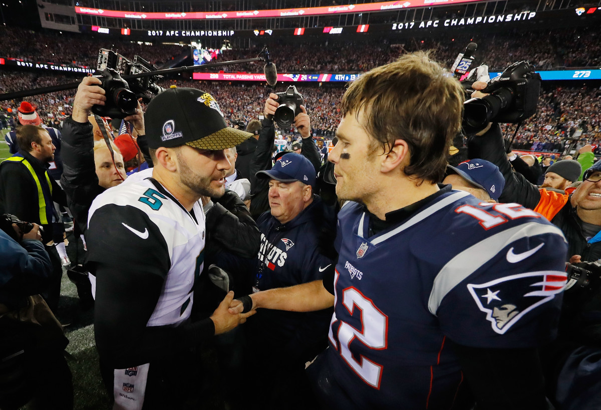FOXBOROUGH, MA - JANUARY 21:  Tom Brady #12 of the New England Patriots shakes hands with Blake Bortles #5 of the Jacksonville Jaguars after the AFC Championship Game at Gillette Stadium on January 21, 2018 in Foxborough, Massachusetts.  (Photo by Kevin C. Cox/Getty Images)