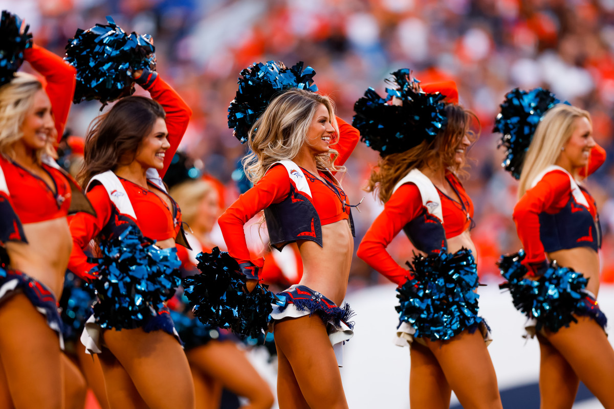 DENVER, CO - OCTOBER 17:  The Denver Broncos cheerleaders perform during a break in the action against the Las Vegas Raiders at Empower Field at Mile High on October 17, 2021 in Denver, Colorado. (Photo by Justin Edmonds/Getty Images)