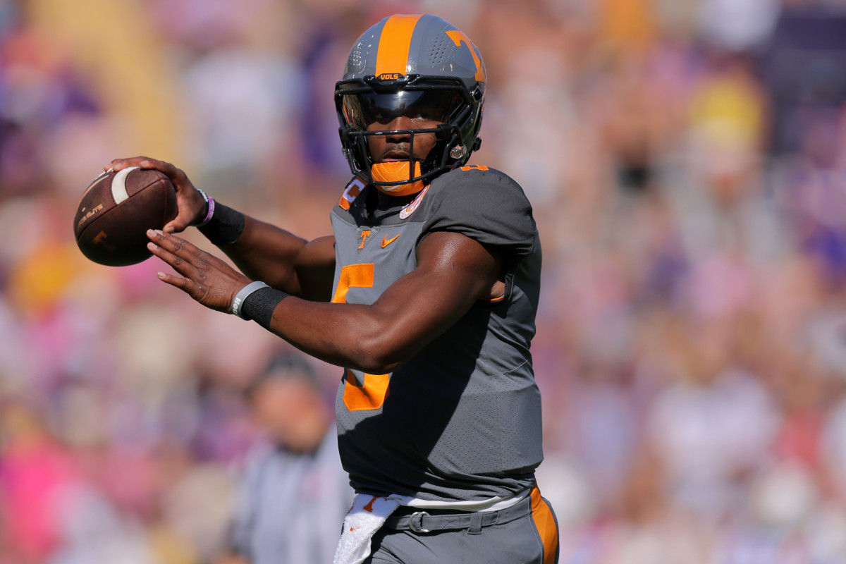 Hendon Hooker attempting a pass for Tennessee.