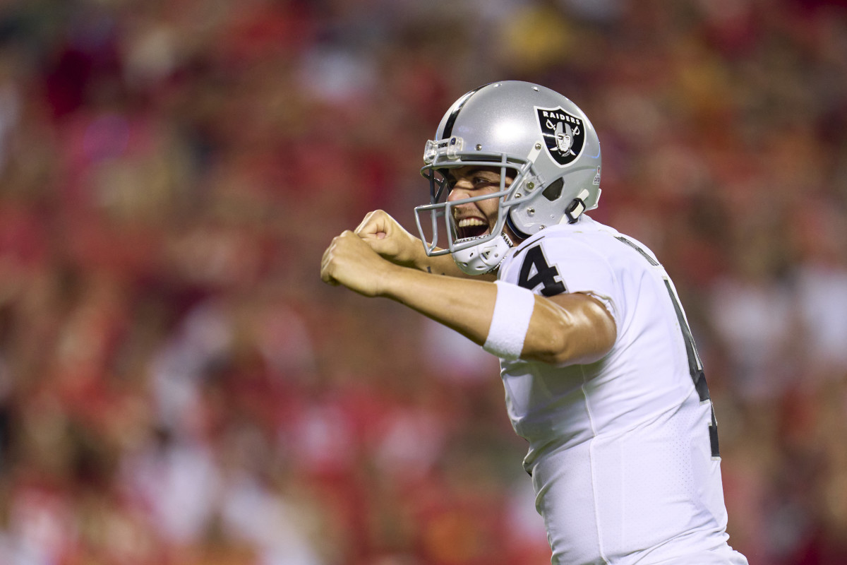 Derek Carr of the Raiders reacts.