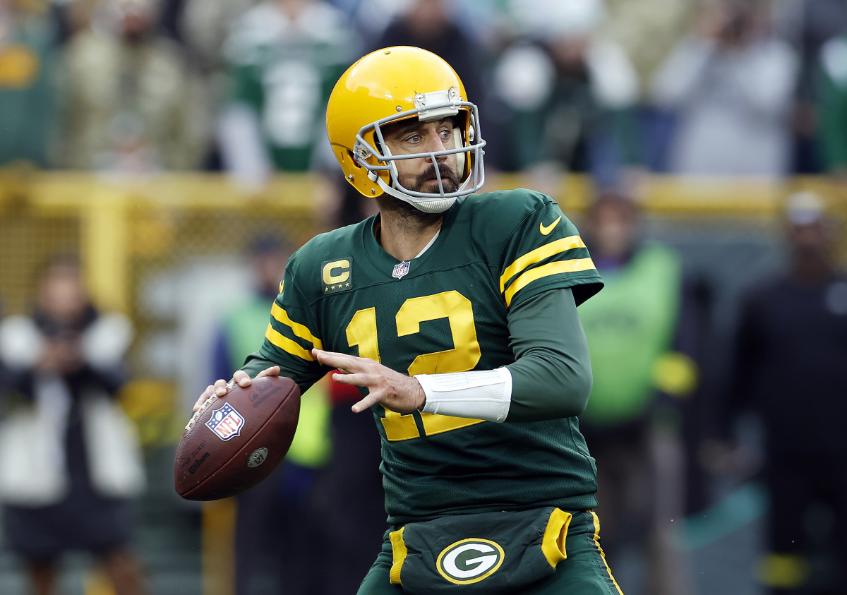 Packers star Aaron Rodgers on the field in Green Bay.