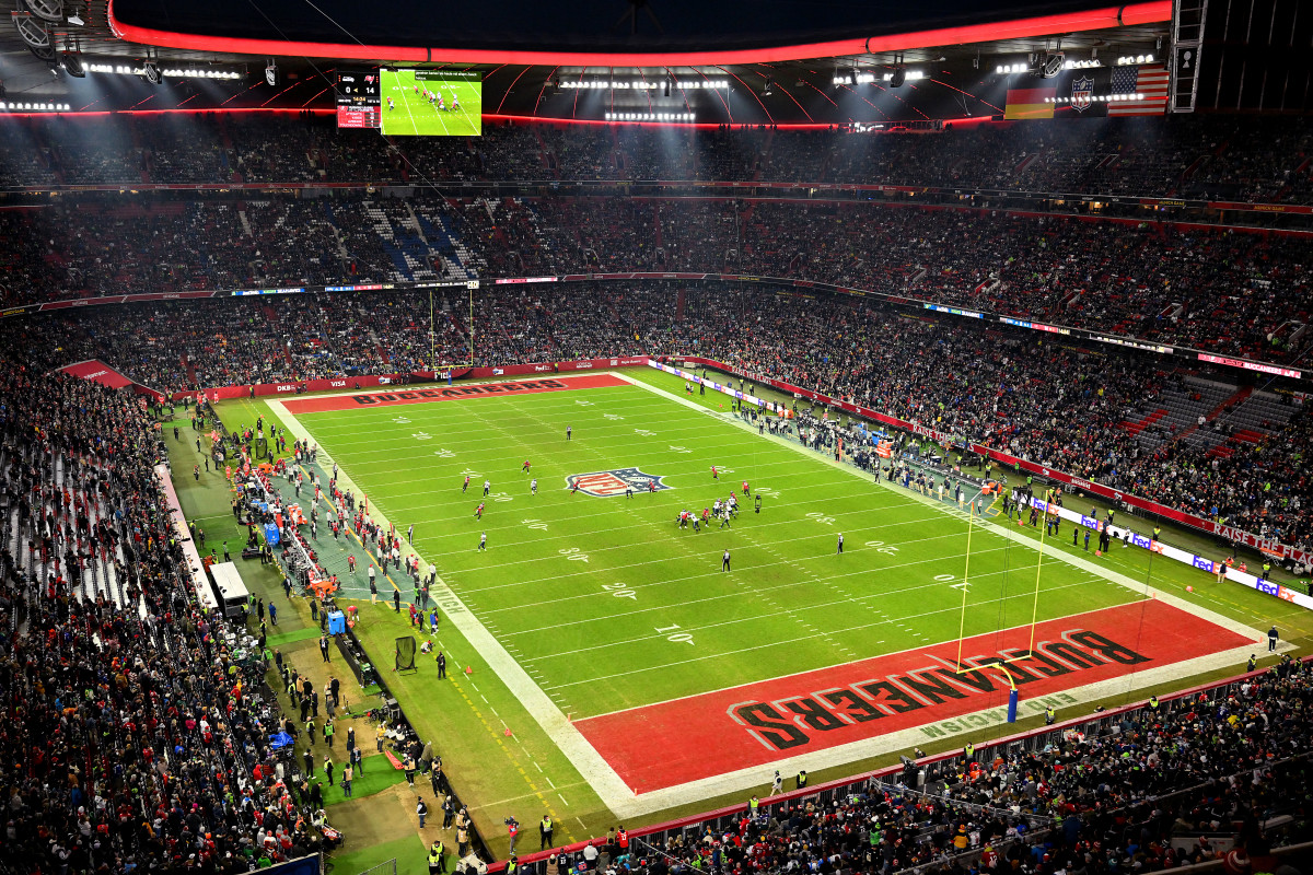 MUNICH, GERMANY - NOVEMBER 13: A general view of the inside of the stadium in the third quarter during the NFL match between Seattle Seahawks and Tampa Bay Buccaneers at Allianz Arena on November 13, 2022 in Munich, Germany. (Photo by Sebastian Widmann/Getty Images)