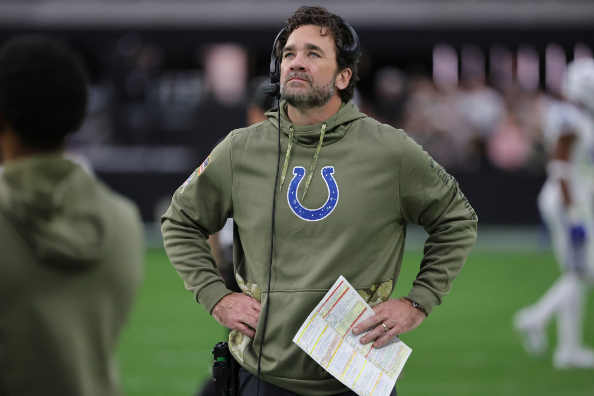 Colts interim head coach Jeff Saturday looks on during the second quarter of a game against the Las Vegas Raiders.
