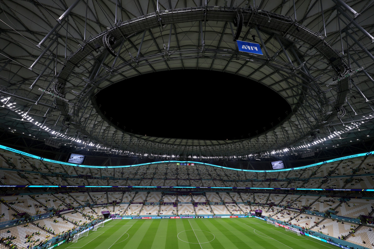 A wide shot of a World Cup stadium in the FIFA World Cup.