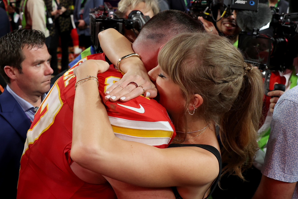 Taylor Swift and Travis Kelce at the Super Bowl 58.