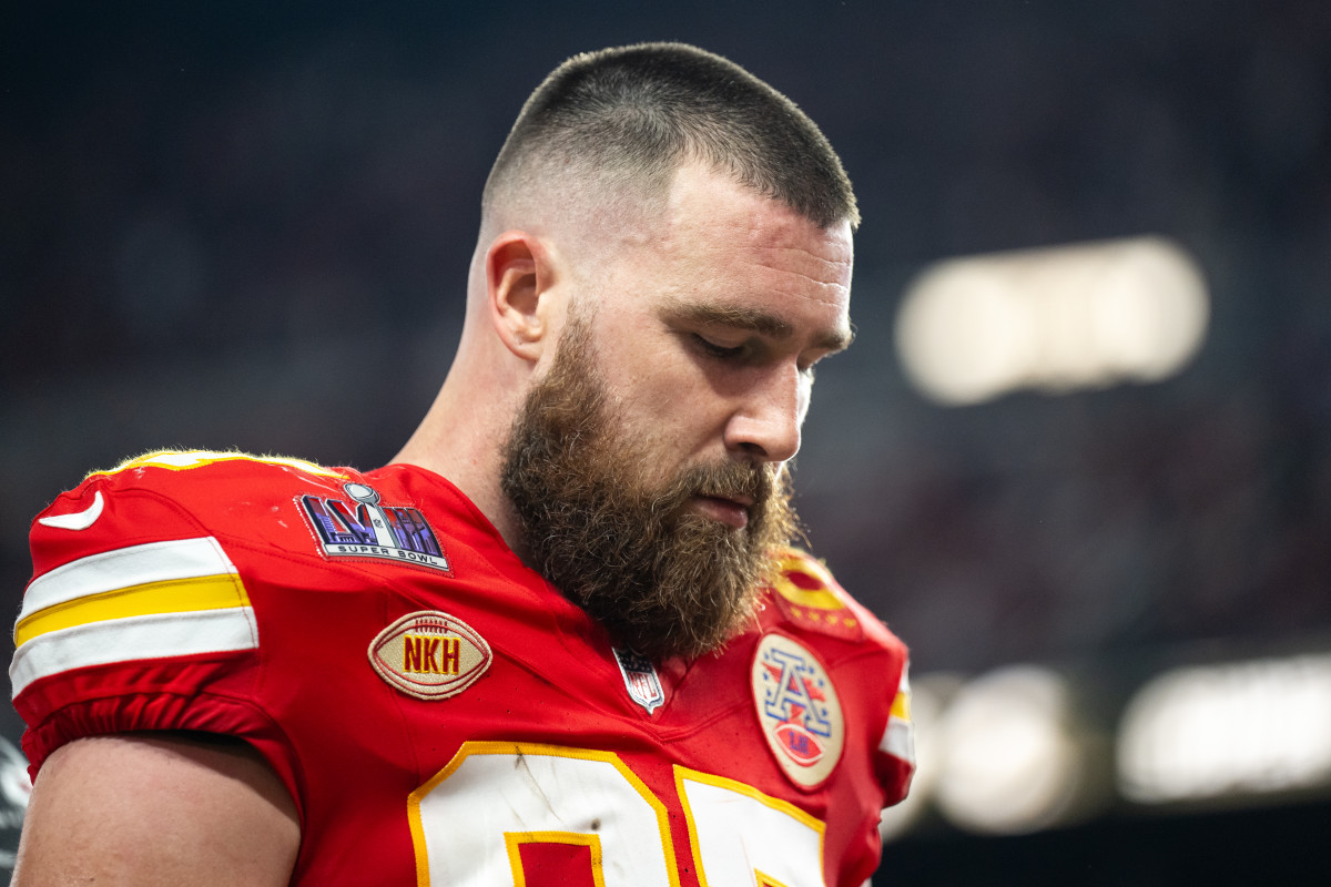 Travis Kelce on the field before Super Bowl 58