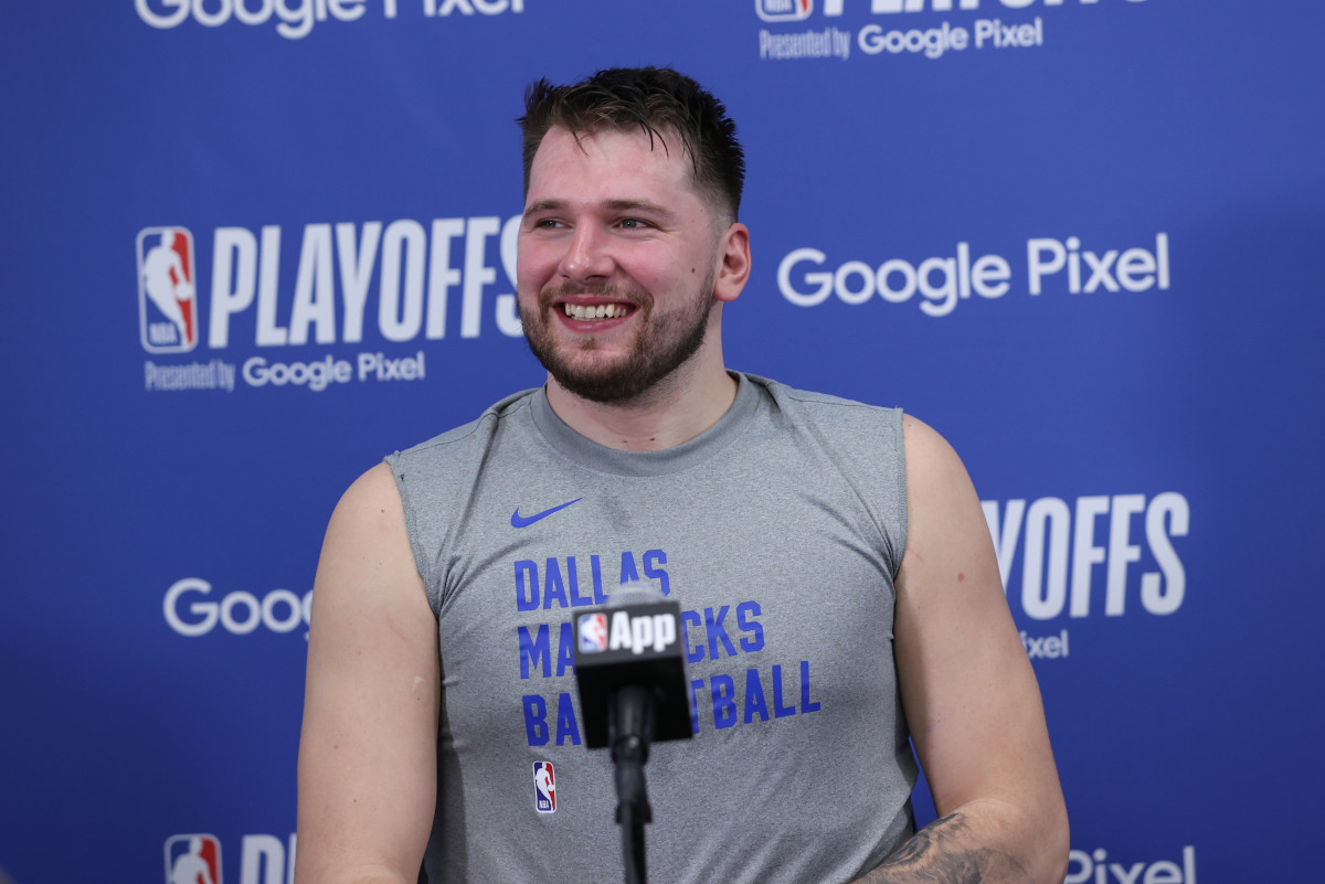 OKLAHOMA CITY, OK - MAY 9: Luka Doncic #77 of the Dallas Mavericks talks to the media after the game during the post-game press conference  during Round 2 Game 2 of the 2024 NBA Playoffs  on May 9, 2024 at Paycom Arena in Oklahoma City, Oklahoma. NOTE TO USER: User expressly acknowledges and agrees that, by downloading and or using this photograph, User is consenting to the terms and conditions of the Getty Images License Agreement. Mandatory Copyright Notice: Copyright 2024 NBAE (Photo by Joe Murphy/NBAE via Getty Images)