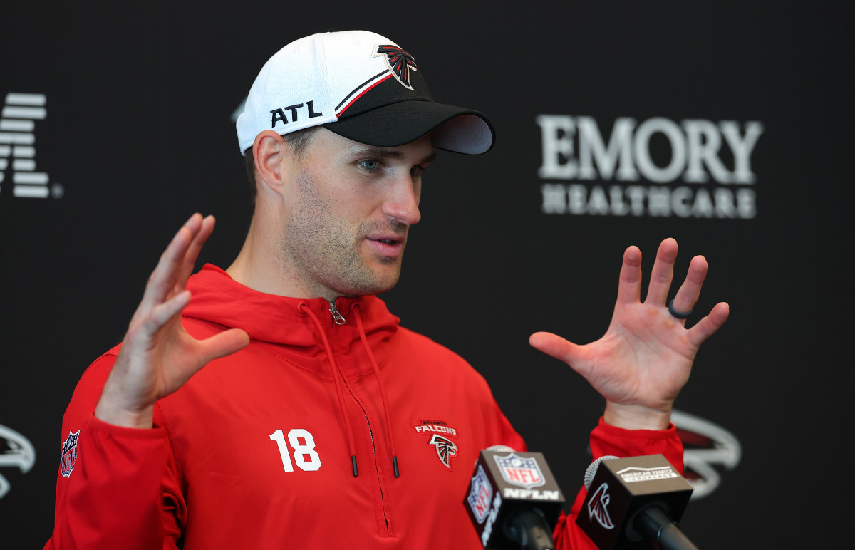 FLOWERY BRANCH, GEORGIA - MAY 14:  Quarterback Kirk Cousins #18 of the Atlanta Falcons speaks to the media during OTA offseason workouts at the Atlanta Falcons training facility on May 14, 2024 in Flowery Branch, Georgia. (Photo by Kevin C. Cox/Getty Images)