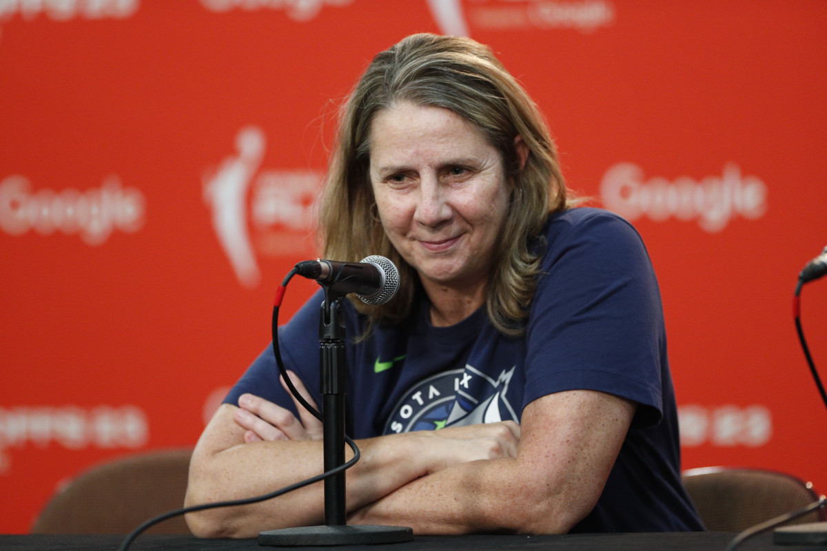 UNCASVILLE, CT - SEPTEMBER 13: Head Coach Cheryl Reeve of the Minnesota Lynx speaks to the media before round one game one of the 2023 WNBA Playoffs against the Connecticut Sun on September 13, 2023 at the Mohegan Sun Arena in Uncasville, Connecticut. NOTE TO USER: User expressly acknowledges and agrees that, by downloading and or using this photograph, User is consenting to the terms and conditions of the Getty Images License Agreement. Mandatory Copyright Notice: Copyright 2023 NBAE (Photo by Chris Marion/NBAE via Getty Images)