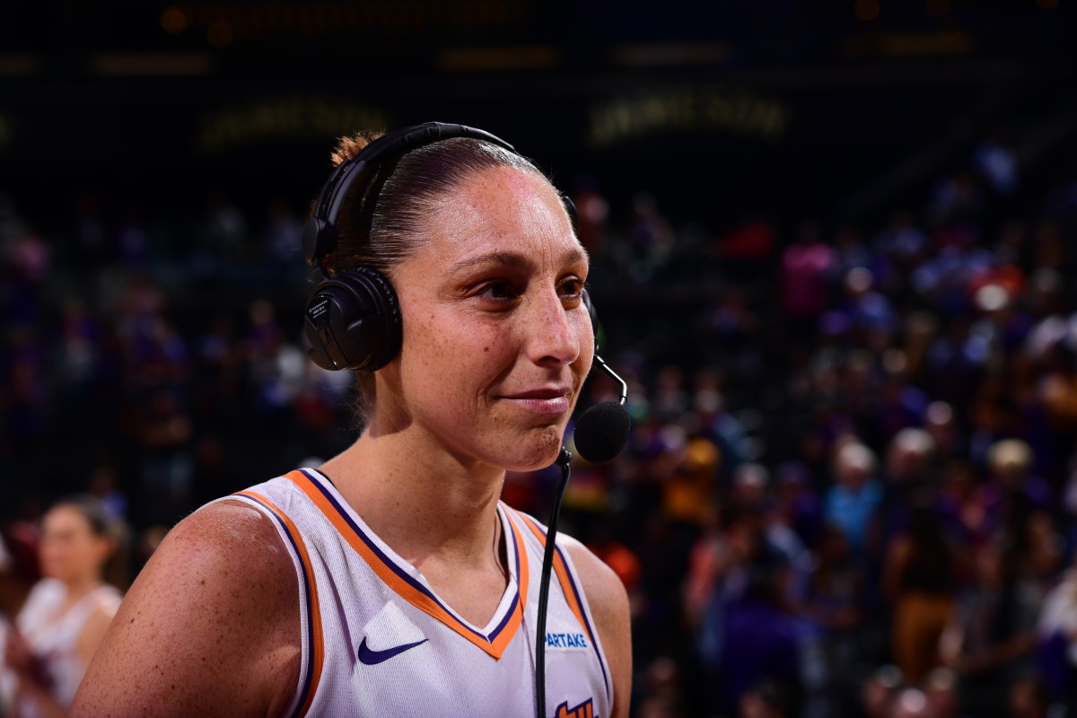 PHOENIX, AZ - MAY 23: Diana Taurasi #3 of the Phoenix Mercury talks to the media after the game against the Washington Mystics on May 23, 2024 at Footprint Center in Phoenix, Arizona. NOTE TO USER: User expressly acknowledges and agrees that, by downloading and or using this photograph, user is consenting to the terms and conditions of the Getty Images License Agreement. Mandatory Copyright Notice: Copyright 2024 NBAE (Photo by Kate Frese/NBAE via Getty Images)