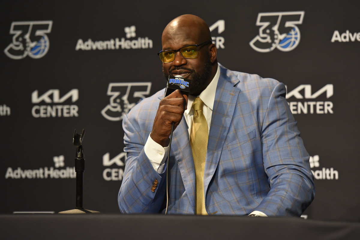 Shaquille O'Neal speaks during a press conference.
