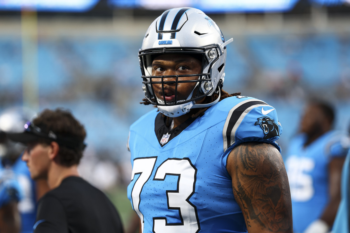 Carolina Panthers guard Michael Jordan (73) takes the field before