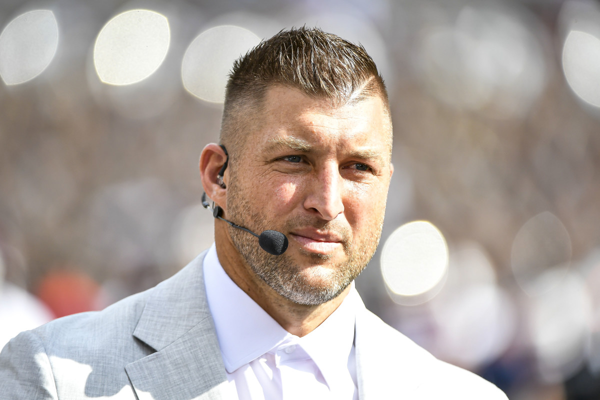 COLLEGE STATION, TEXAS - SEPTEMBER 23: SEC Nation announcer Tim Tebow stands on the field prior to the game between the Texas A&M Aggies and Auburn Tigers at Kyle Field on September 23, 2023 in College Station, Texas. (Photo by Logan Riely/Getty Images)