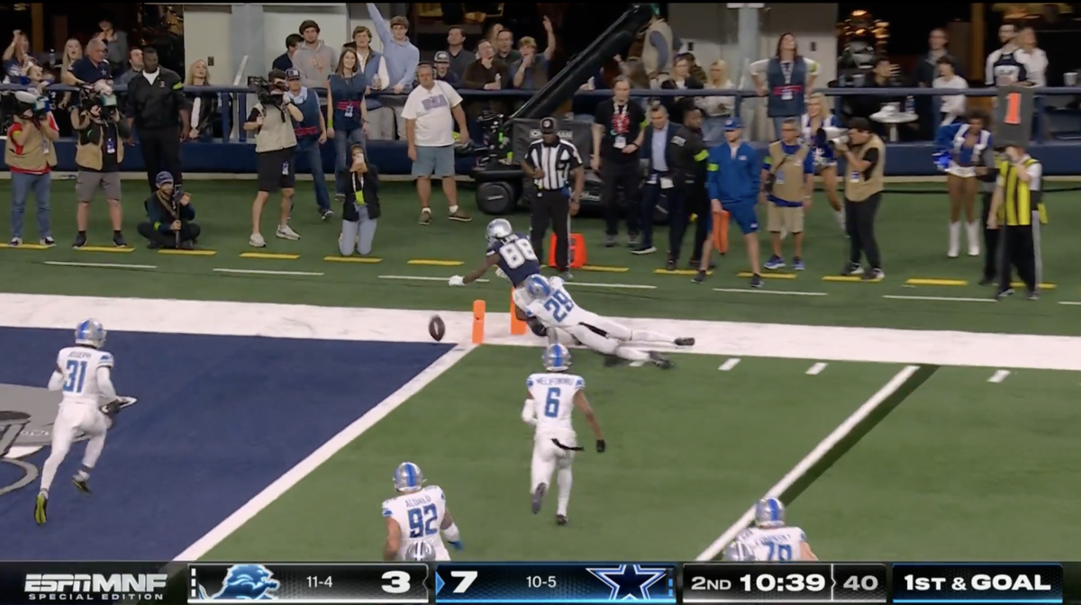 Cowboys receiver CeeDee Lamb fumbles the ball out of the endzone for a tocuhback.