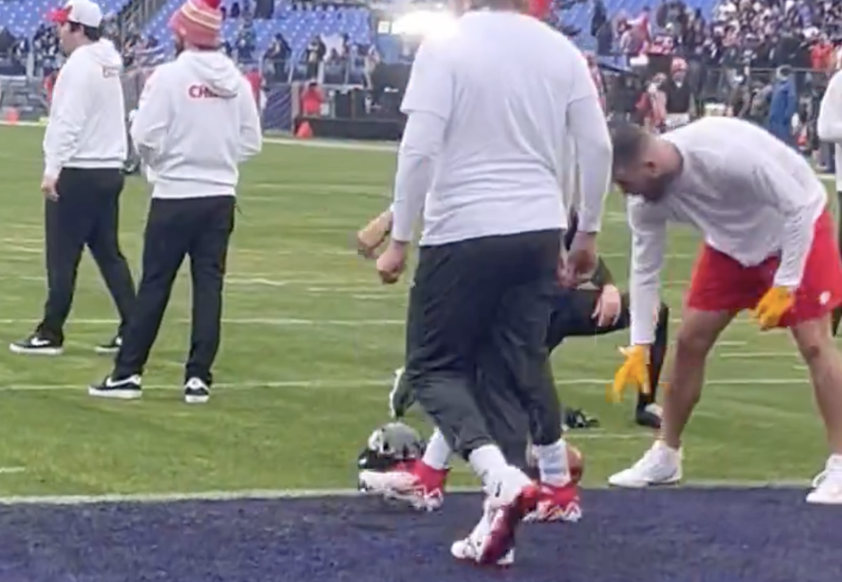 Video: Travis Kelce Throws Justin Tucker's Helmet During Warmups - The Spun