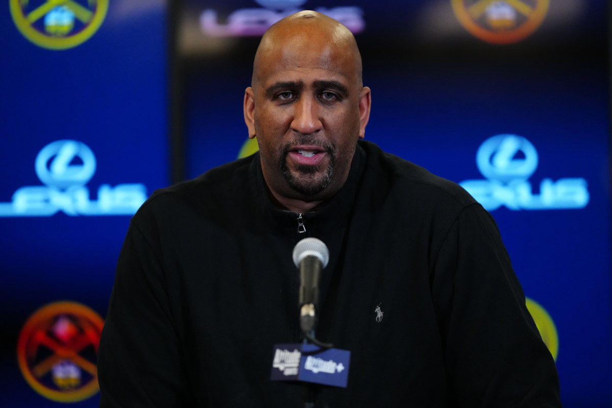 Denver Nuggets general manager Calvin Booth speaks to the media before a game against the Orlando Magic at Ball Arena.