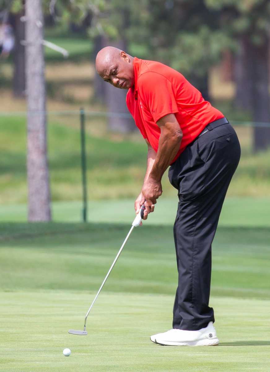 Charles Barkley putts during the final round of the American Century Celebrity Championship golf tournament at Edgewood Tahoe Golf Course in Stateline, Nev.