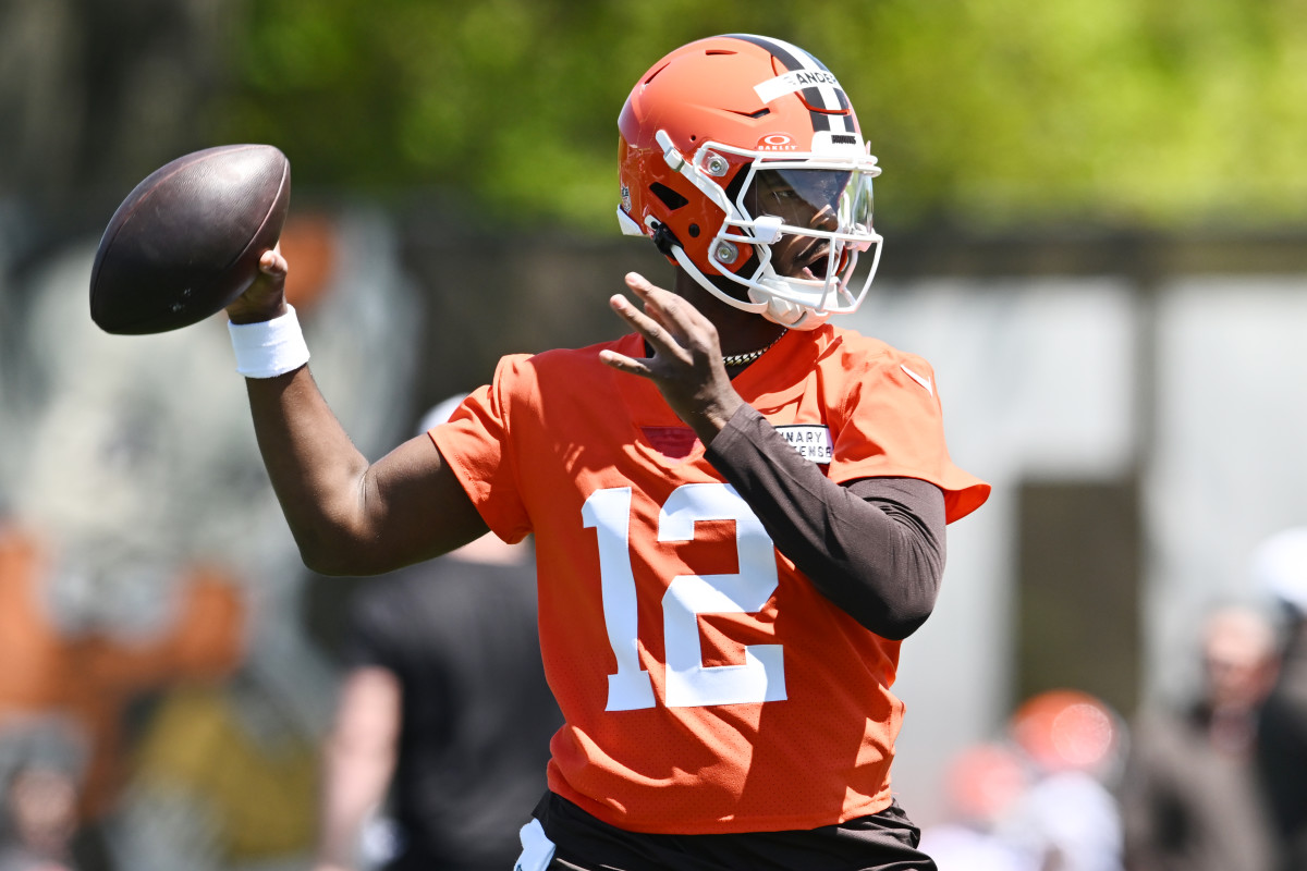 May 9, 2025; Berea, OH, USA; Cleveland Browns quarterback Shedeur Sanders (12) throws a pass during rookie minicamp at CrossCountry Mortgage Campus. Mandatory Credit: Ken Blaze-Imagn Images