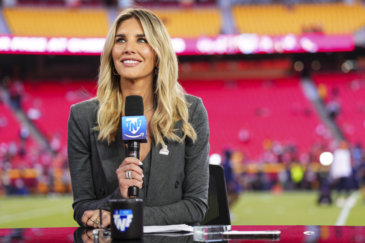 KANSAS CITY, MO - OCTOBER 12: Charissa Thompson on set of the Amazon Prime TNF pregame show prior to an NFL football game between the Denver Broncos and the Kansas City Chiefs at GEHA Field at Arrowhead Stadium on October 12, 2023 in Kansas City, Missouri. (Photo by Cooper Neill/Getty Images)