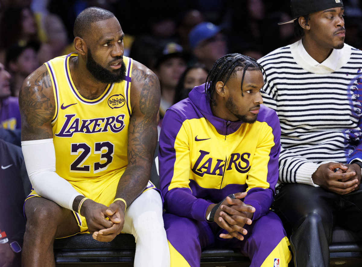 LeBron and Bronny on the court.