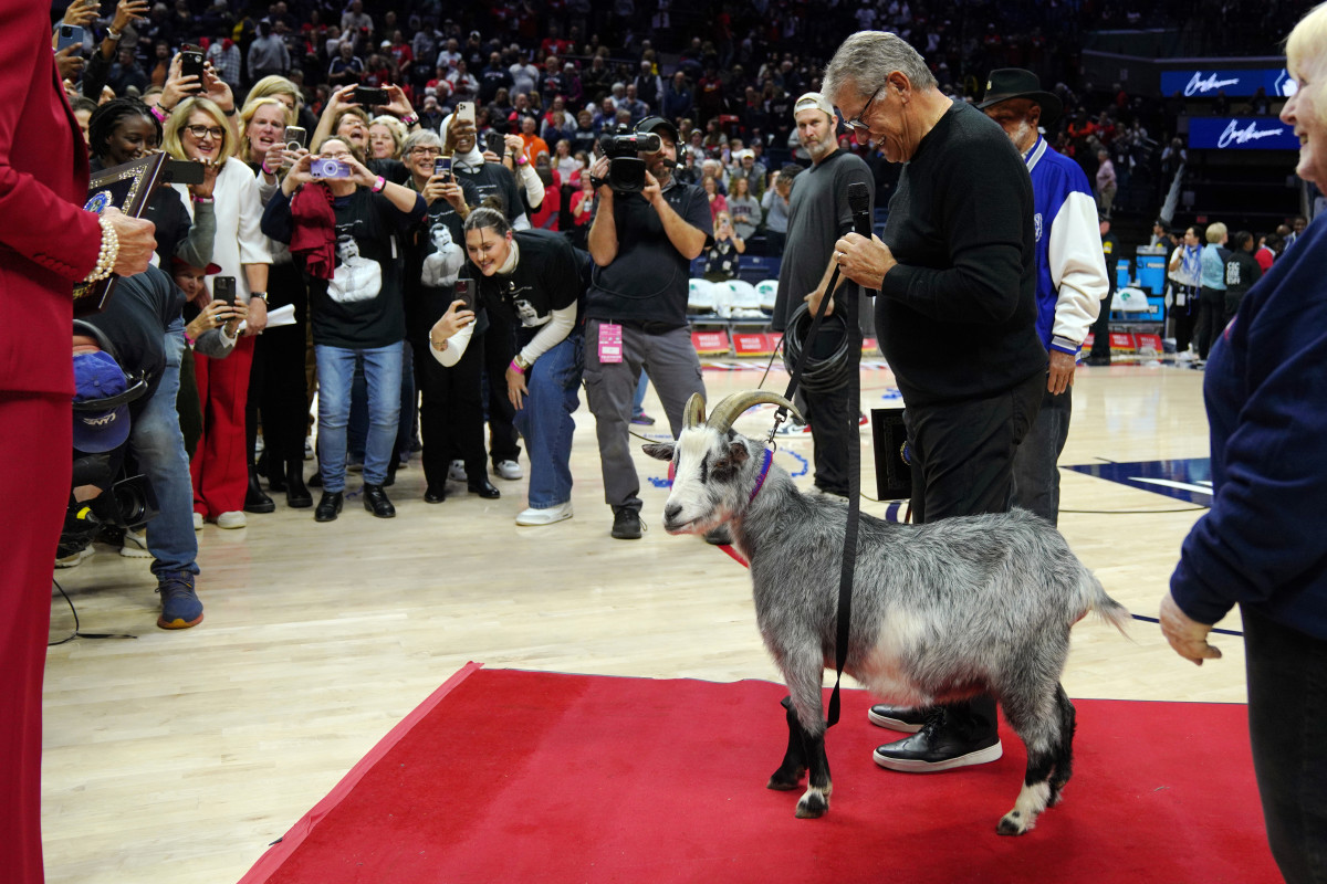 STORRS, CONNECTICUT - NOVEMBER 20: Connecticut Huskies head coach Geno Auriemma is presented with a goat after becoming the NCAA all-time basketball wins leader at the Harry A. Gampel Pavilion on November 20, 2024 in Storrs, Connecticut. (Photo by Joe Buglewicz/Getty Images)