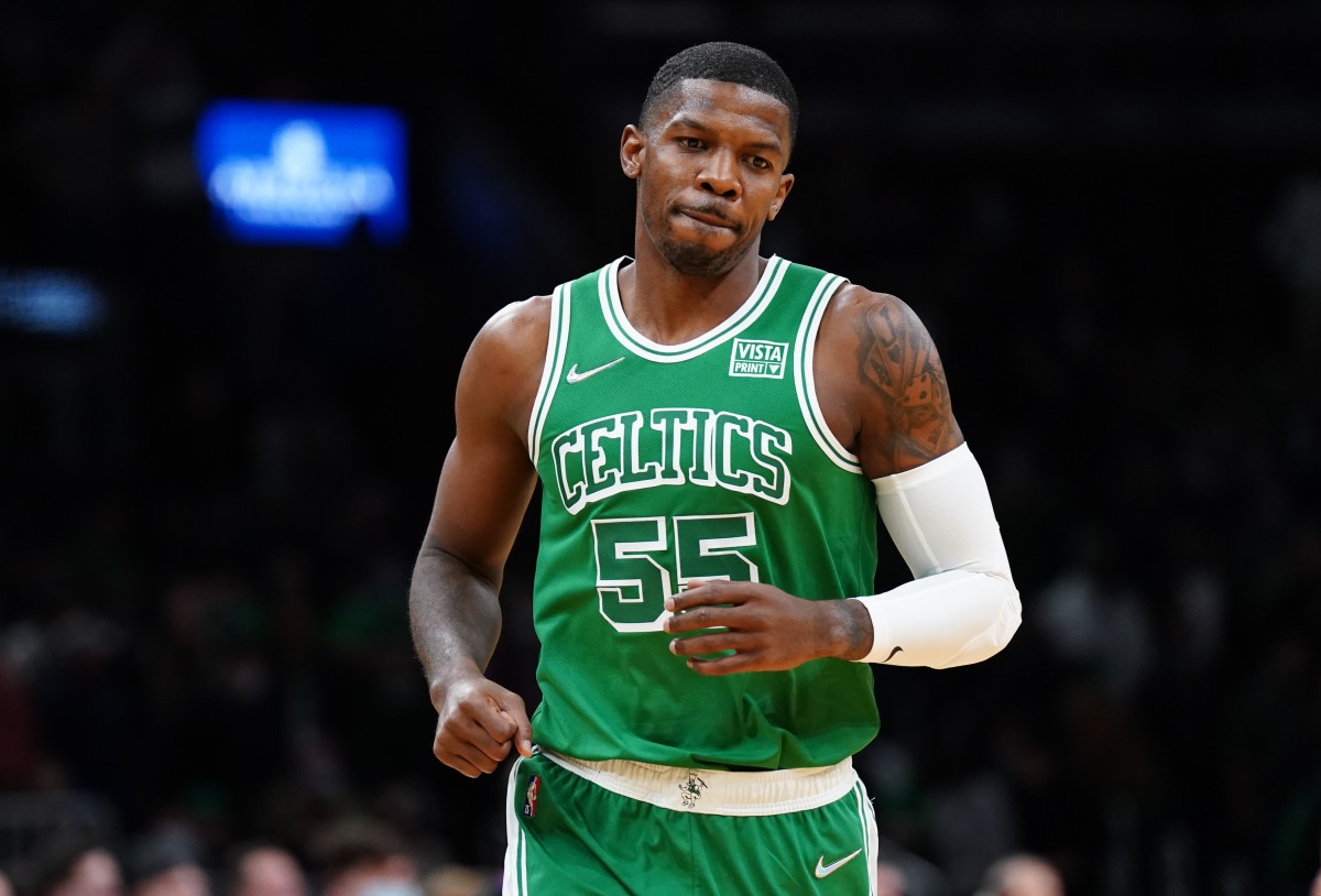 Boston Celtics guard Joe Johnson (55) on the court against the Cleveland Cavaliers.