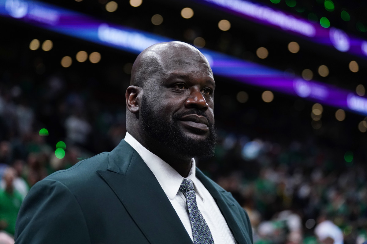 Shaquille O'Neal looks on before the game between the Boston Celtics and the Dallas Mavericks in game one of the 2024 NBA Finals.