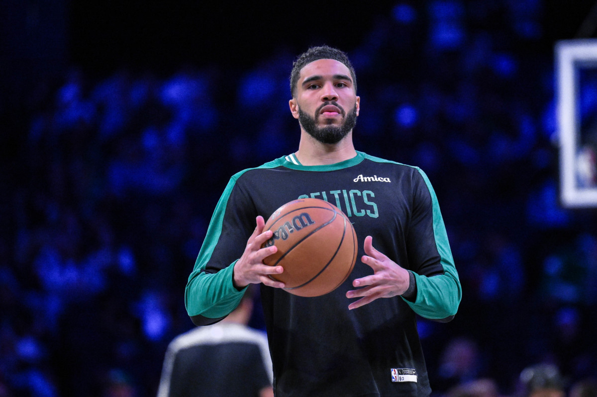 Mar 15, 2025; Brooklyn, New York, USA; Boston Celtics forward Jayson Tatum (0) warms up before a game against the Brooklyn Nets at Barclays Center.