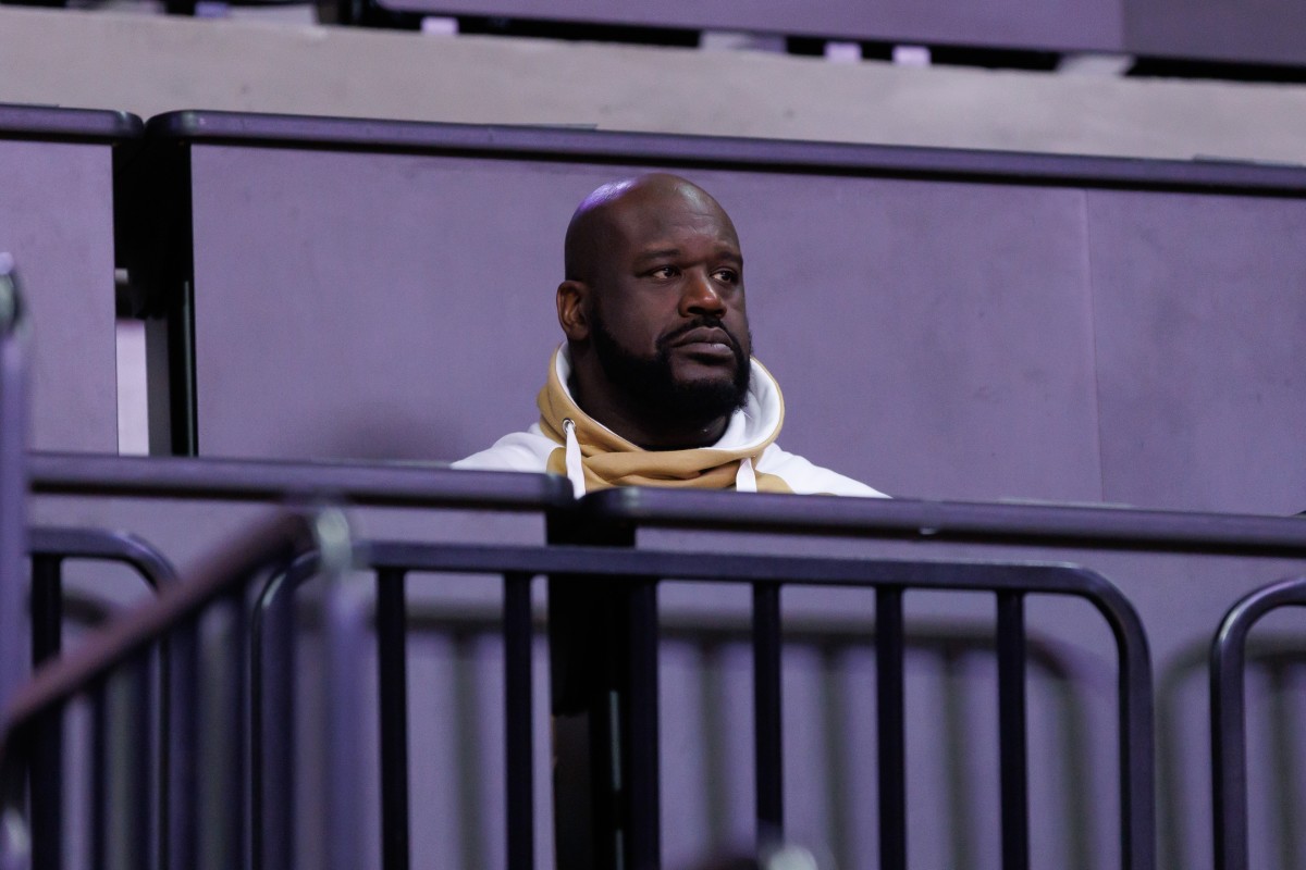  Former NBA player Shaquille O'Neal sits courtside during the first half between the Florida Gators and the LSU Tigers at Exactech Arena at the Stephen C. O'Connell Center. Mandatory Credit: Matt Pendleton-Imagn Images