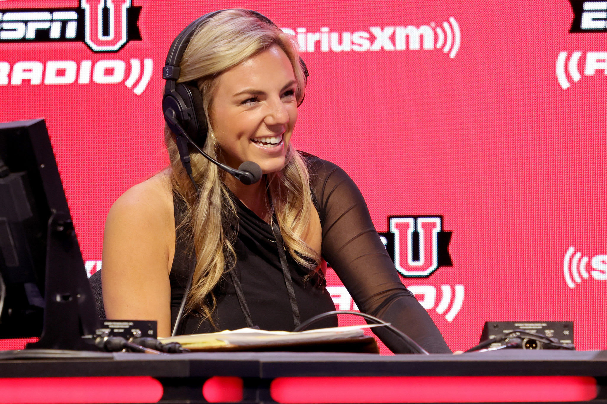 Annie Agar on Super Bowl radio row.