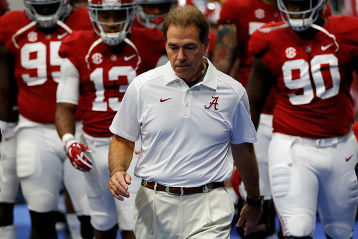 Head coach Nick Saban of the Alabama Crimson Tide walks on the field against the Florida Gators before the SEC Championship.