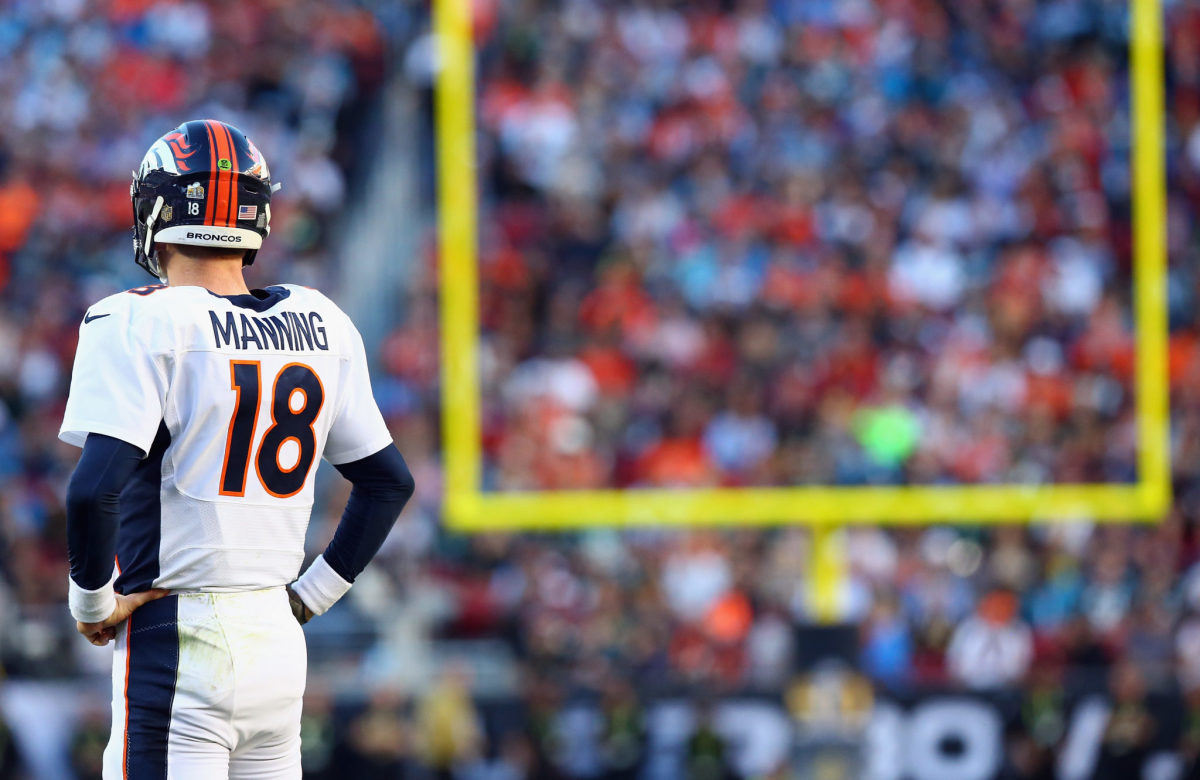 Peyton Manning on the field for the Denver Broncos.