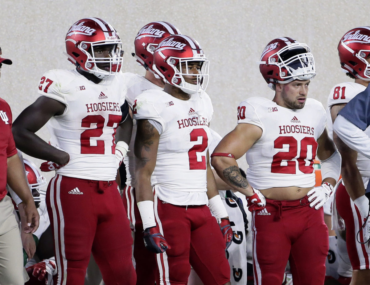 Running back Morgan Ellison #27 of the Indiana Hoosiers watches the final minutes of a 17-9 loss to the Michigan State Spartans.