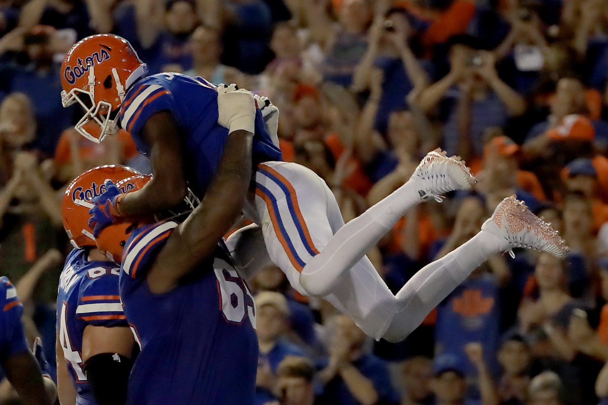 Van Jefferson celebrates scoring a touchdown for Florida.