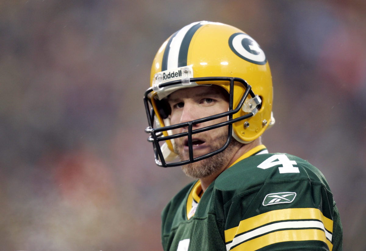A solo shot of Brett Favre during a Green Bay Packers game.